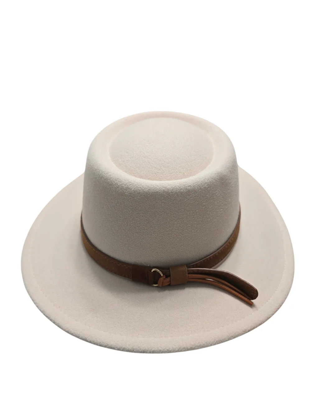 Wool Fedora Hat Womens Vintage Cream Felt Wide-Brim Hat with Brown Band